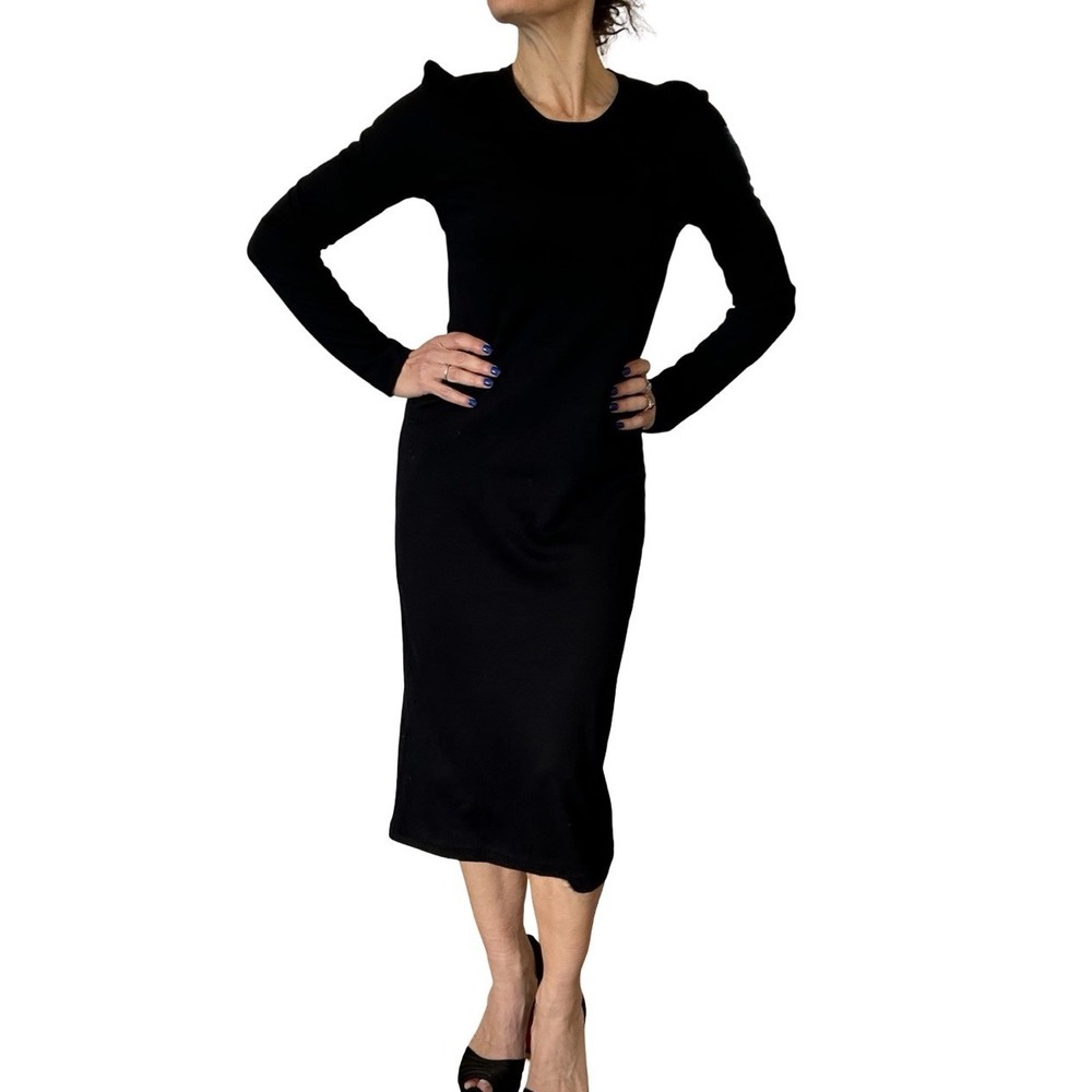 Prabal‎ Gurung Black Dress Crew Neck Sheath Midi Stretch Long Sleeve LBD S NEW